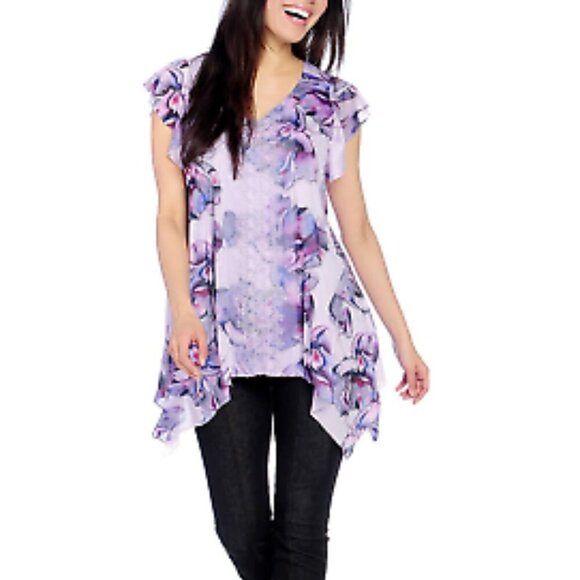 One World Purple Floral Double Printed Mesh Flutter Sleeve Sharkbite Tunic Top - Picture 1 of 9